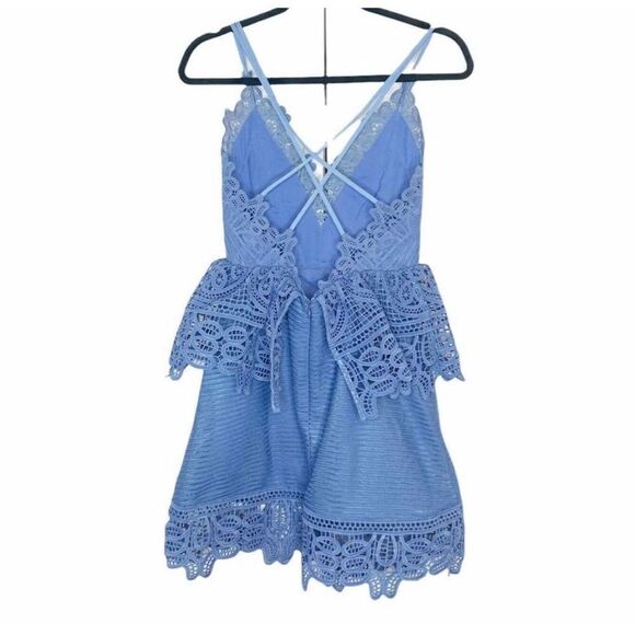 Self-Portrait Lace Peplum Mini Dress Blue Plunging Neck Strappy Back Women’s - 4 - Picture 5 of 12
